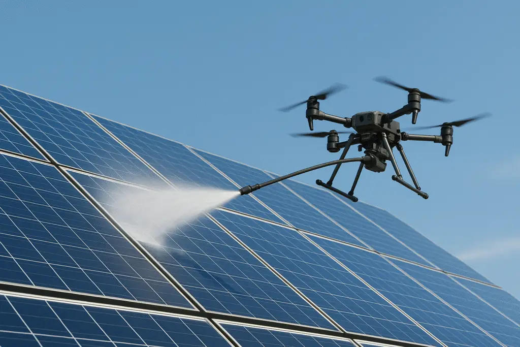 Droon pesemas päikesepaneele surveveega – kontaktivaba ja tõhus puhastus energiatootmise maksimeerimiseks