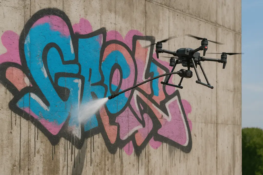 Droon eemaldab grafitit betoonseinalt – kontaktivaba ja täpne survepesulahendus kõrgpinnale