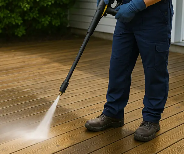 Terrassi survepesu kuuma veega, töötaja puhastab puitterrassi pindasid